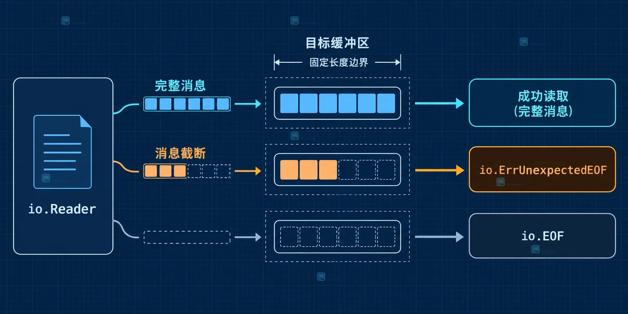 Go 固定长度协议中帧头、帧体和 ErrUnexpectedEOF 调用契约关系图
