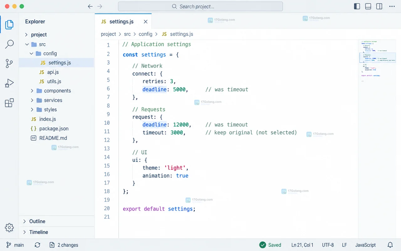 VS Code 风格编辑器中两处 timeout 已改为 deadline,未选中的 timeout 保留,标签页显示已保存状态