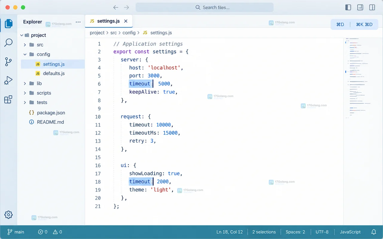 VS Code 风格编辑器显示两个 timeout 被多光标高亮,另一个 timeout 保持未选中,状态栏显示 2 selections