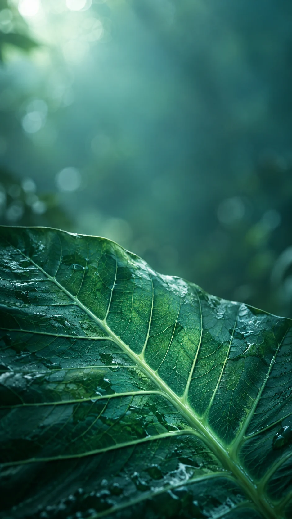 深青蓝与暖金光线的雨林叶脉手机壁纸变体,顶部低纹理留白