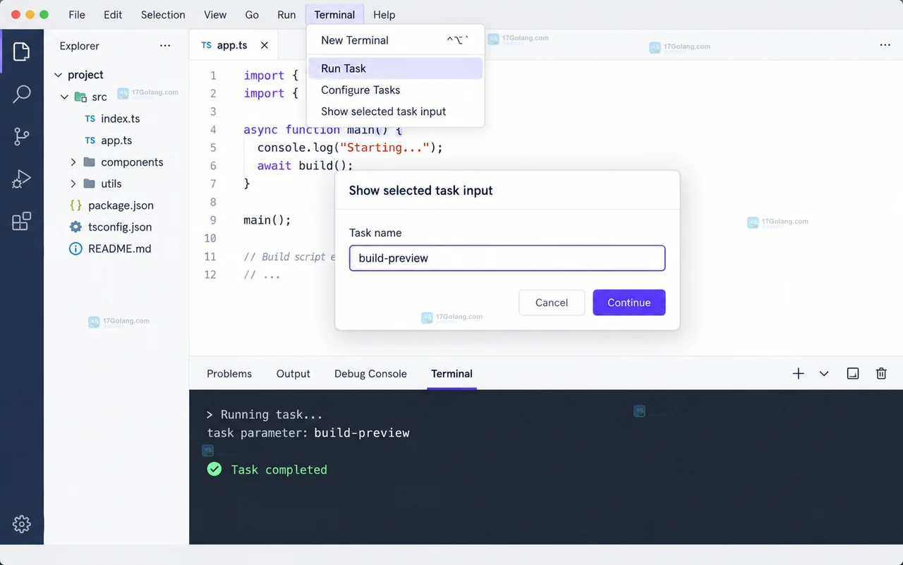 VS Code 风格原创界面中展示运行任务输入弹窗和集成终端结果