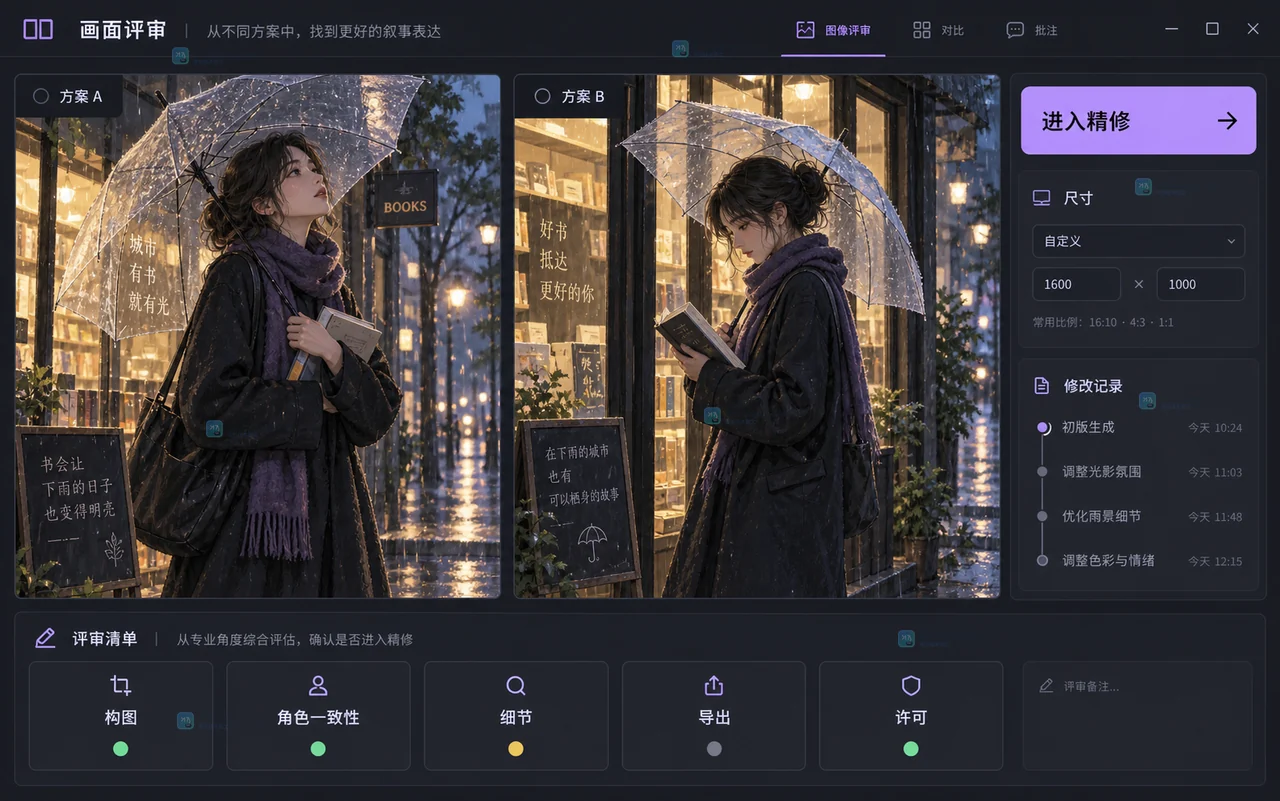 原创的插画结果评审界面,展示构图、角色一致性、细节、版权和导出检查