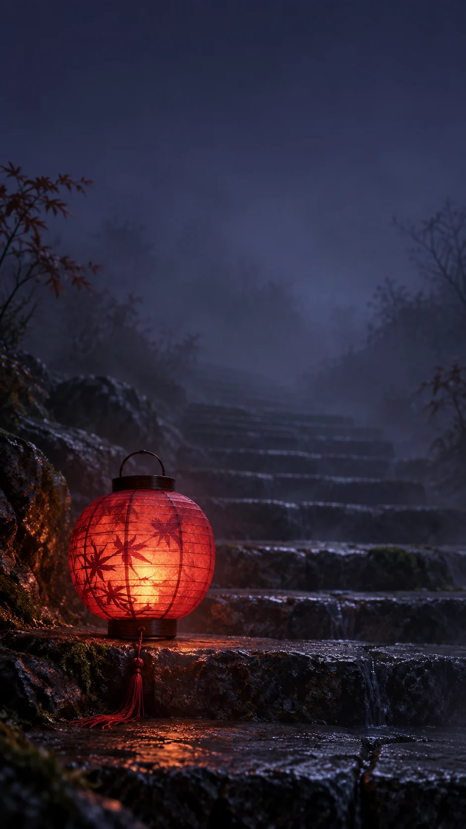 绛红纸灯夜雾手机壁纸右下变体,午夜蓝环境为锁屏上方保留更大留白