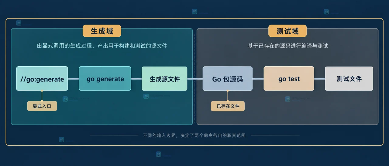 Go 代码生成器、generated.go 与 CI 测试契约的静态关系框图