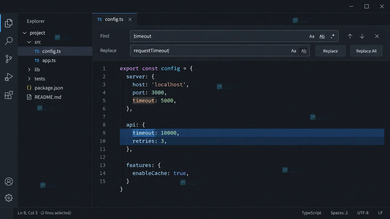 VS Code Find in Selection 激活后仅在高亮选区显示匹配并准备执行 Replace All
