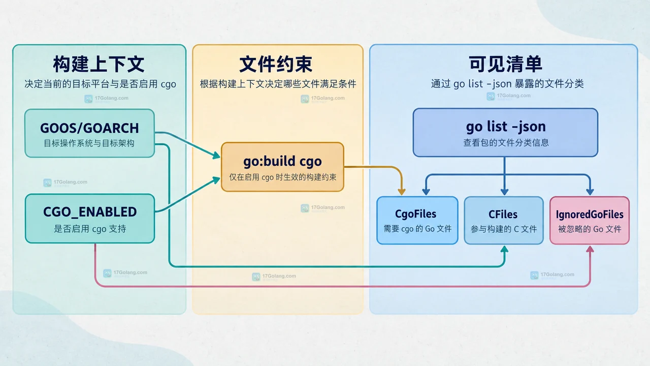 Go 包目录中 import C 的 Go 文件、C 源文件和 cgo 文件分类之间的静态关系