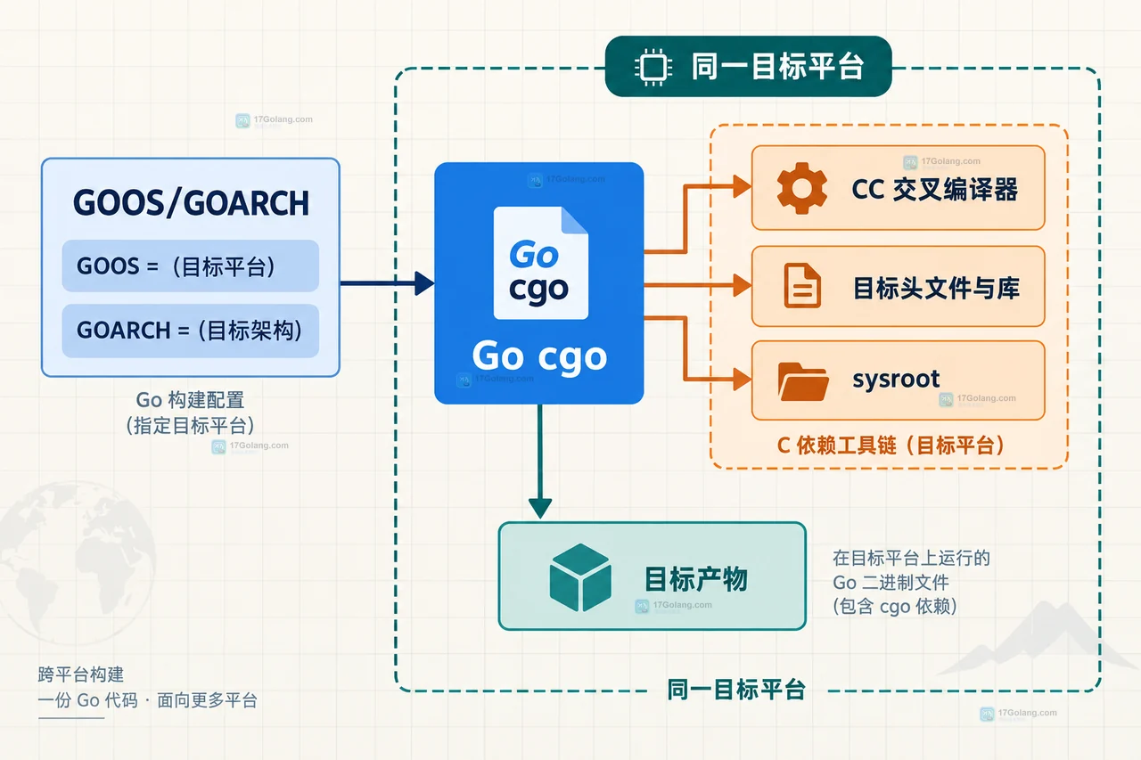 Go 交叉编译中 CGO_ENABLED=0 将纯 Go 文件保留并排除 import C 文件的静态结构图