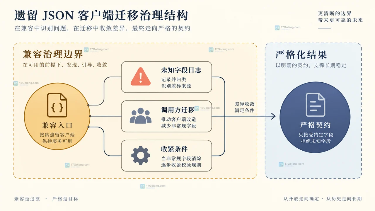 Go JSON 严格解码与兼容解码的结构体字段边界关系图