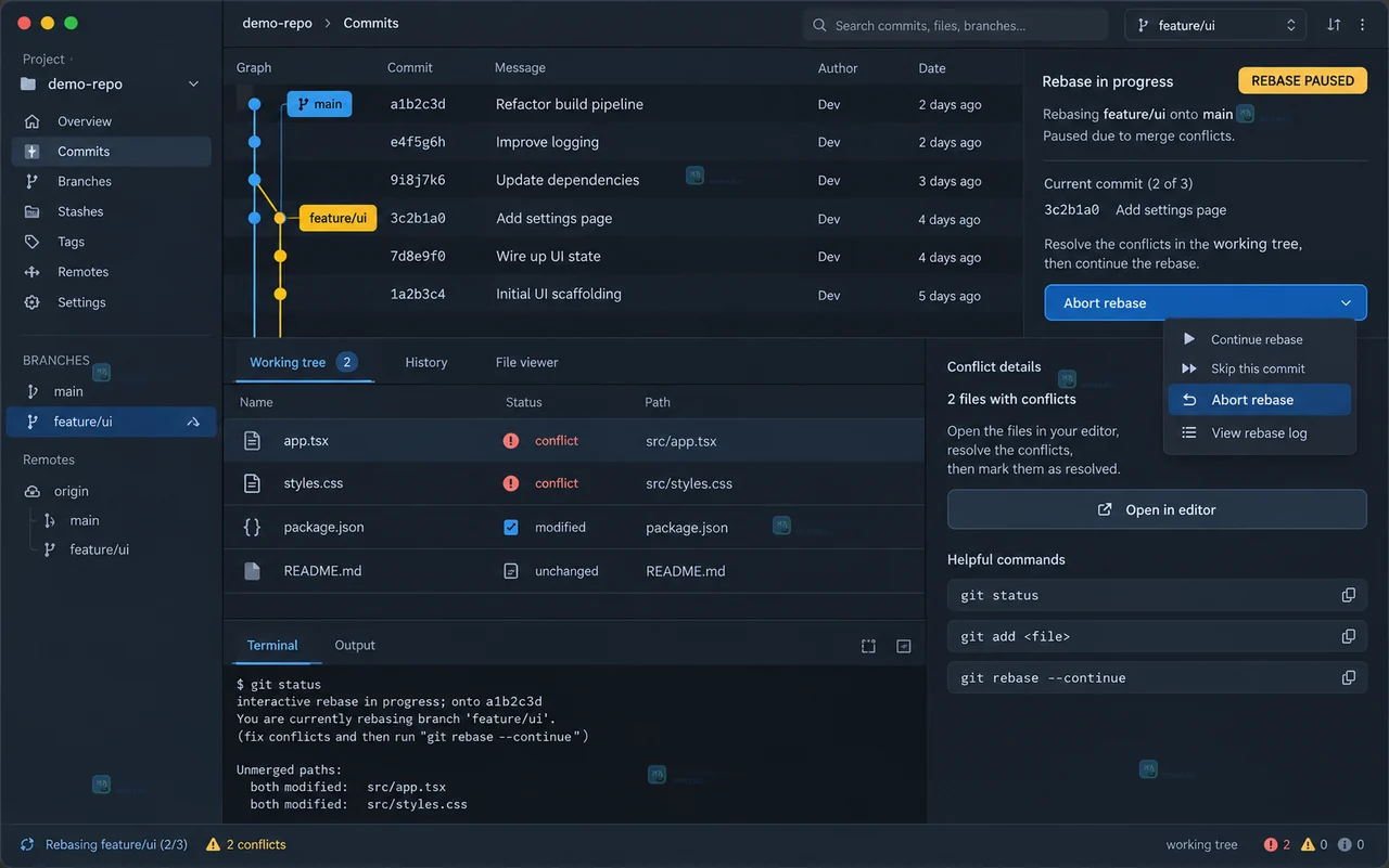 Git rebase 取消后的原创桌面操作界面,工作区清晰显示已退出变基并恢复分支