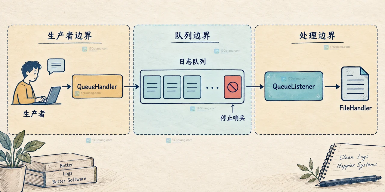 Python 日志生产者闸门、待处理队列、排空监听器和文件落点的关闭责任结构图