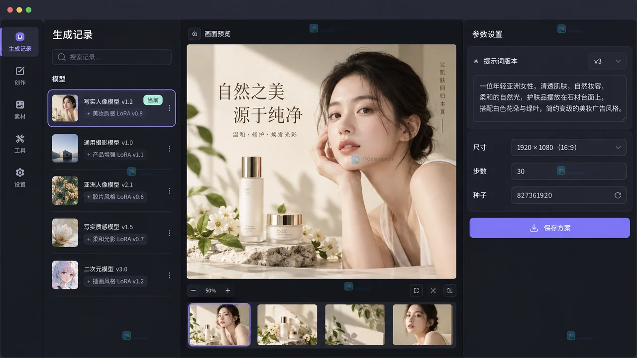 AI 生图工作区保存模型、提示词版本、尺寸、步数和种子记录