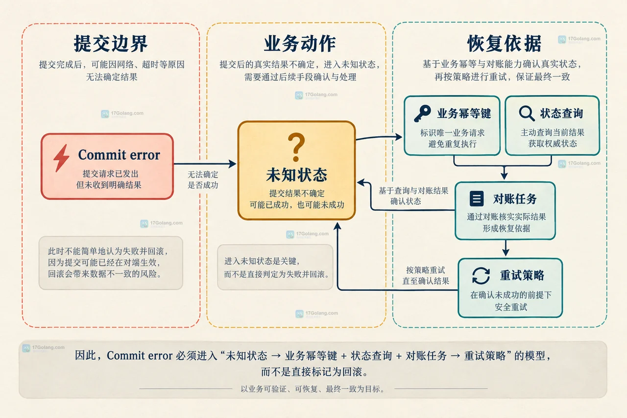 Go database/sql 事务边界图,展示 BeginTx、Tx.ExecContext、defer Rollback 与 Commit 的关系