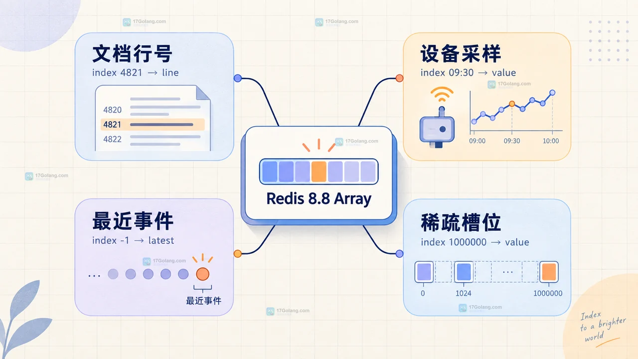 Redis Array、List、Hash、Stream 按 numeric index、push pop、field name 和 message ack 对比的选择图