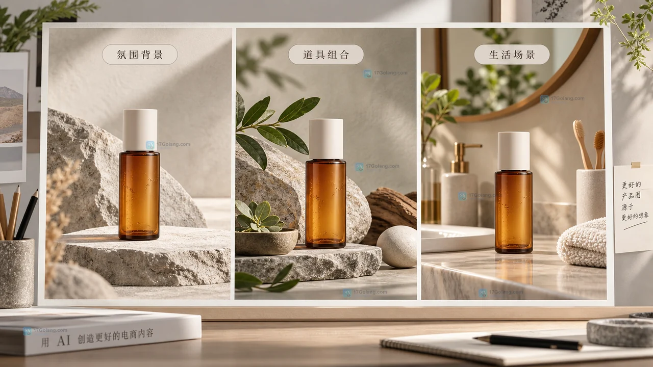 同一虚构护肤品的氛围背景、道具组合和生活方式场景对比