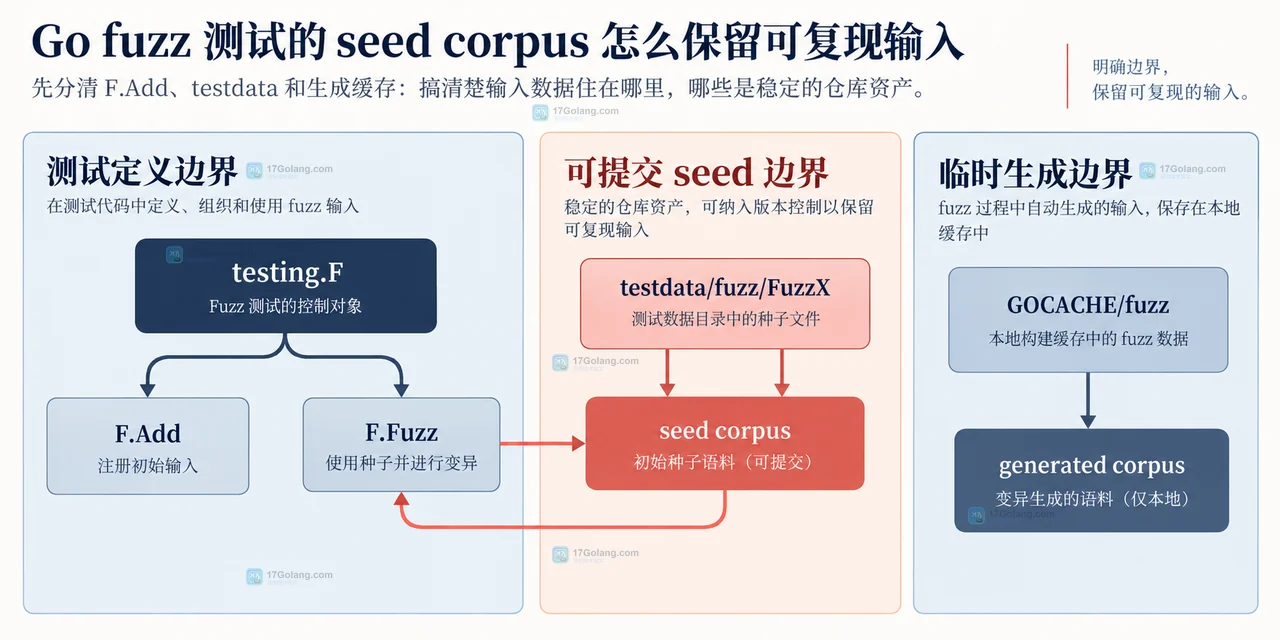 帮助读者理解失败输入、持久化 corpus 文件与 go test 回放之间的静态依赖。