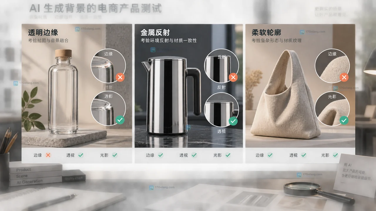 透明玻璃、金属小家电和柔软布包在 AI 背景中的边缘、反射与轮廓测试