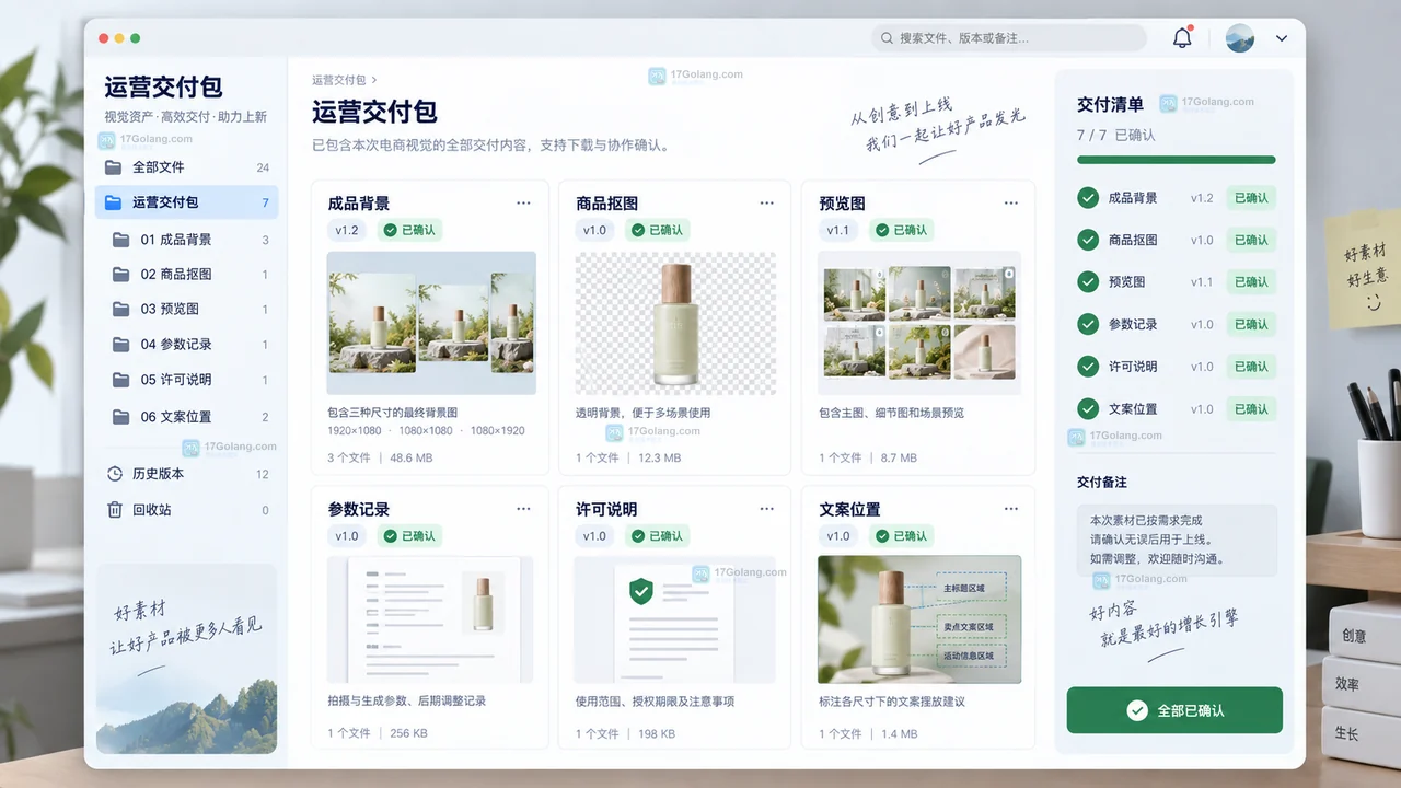运营交付包包含成品背景、商品抠图、预览图、参数记录、许可说明和文案位置
