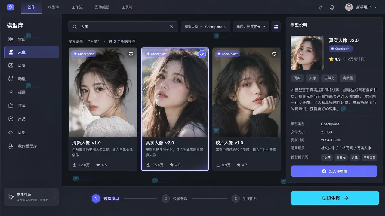在AI绘画模型库中筛选人像Checkpoint并查看模型说明