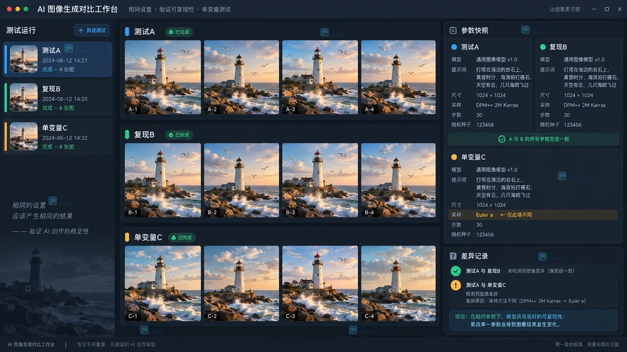 相同参数复现与单变量测试的AI图像对比工作区