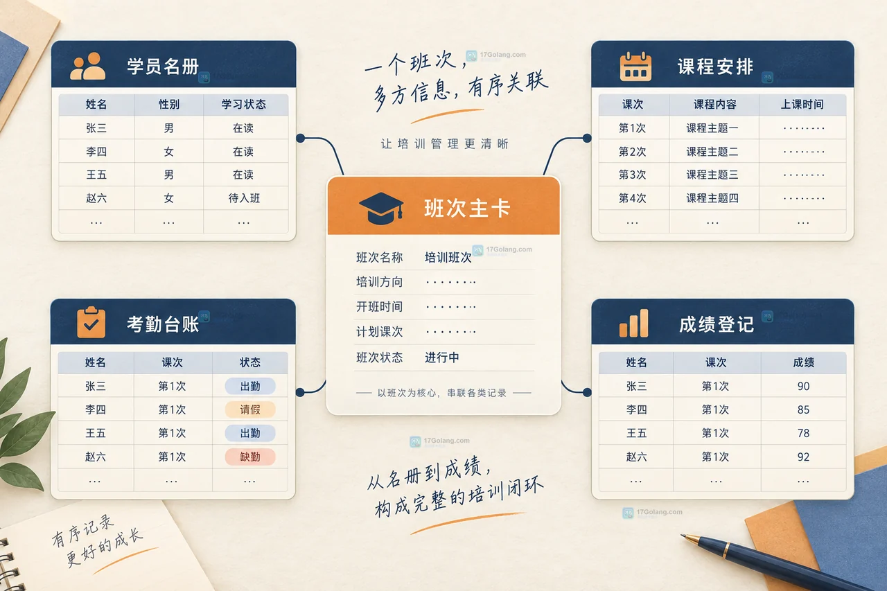 教育培训班次主卡连接学员名册、课程安排、考勤台账和成绩登记的资料关系图