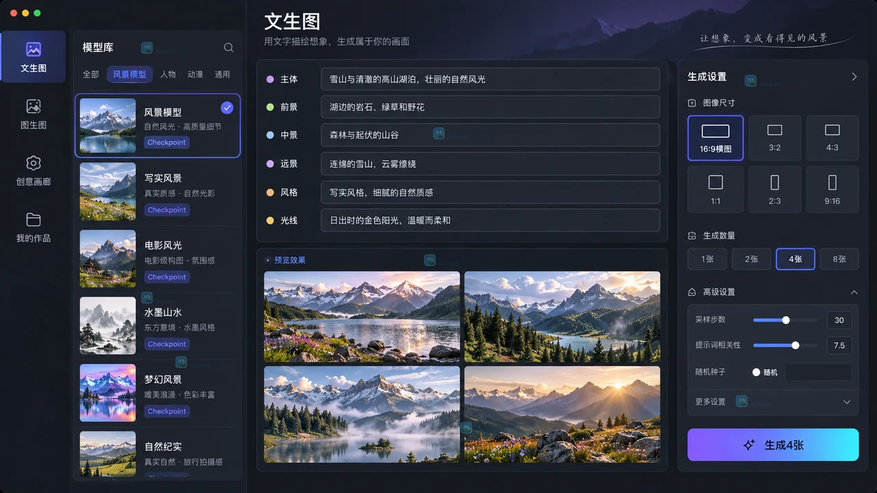 LiblibAI风景文生图界面中的模型选择、分层提示词和16比9参数设置