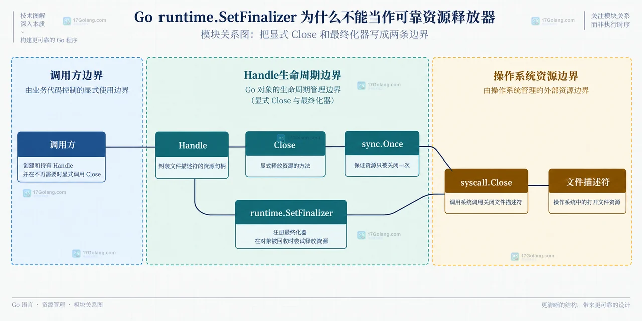 Go runtime.SetFinalizer 中 Go 对象可达性、垃圾回收、最终化器和外部文件描述符的静态关系图