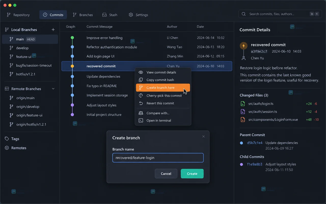 Git 桌面客户端显示 recovered/feature-login 为当前分支、HEAD 位于目标提交且工作区干净