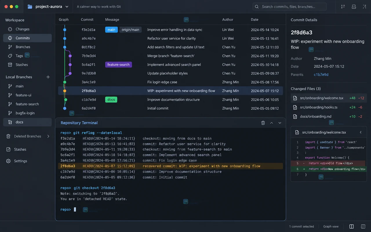 Git 桌面客户端在 Repository Terminal 中显示 git reflog 记录和误删分支对应提交哈希