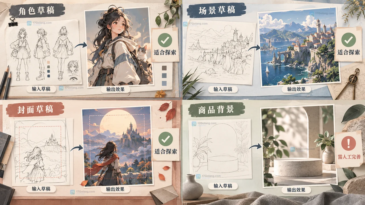 LiblibAI文生图适合做哪些视觉草稿？角色、场景、封面与商品背景的输入要求