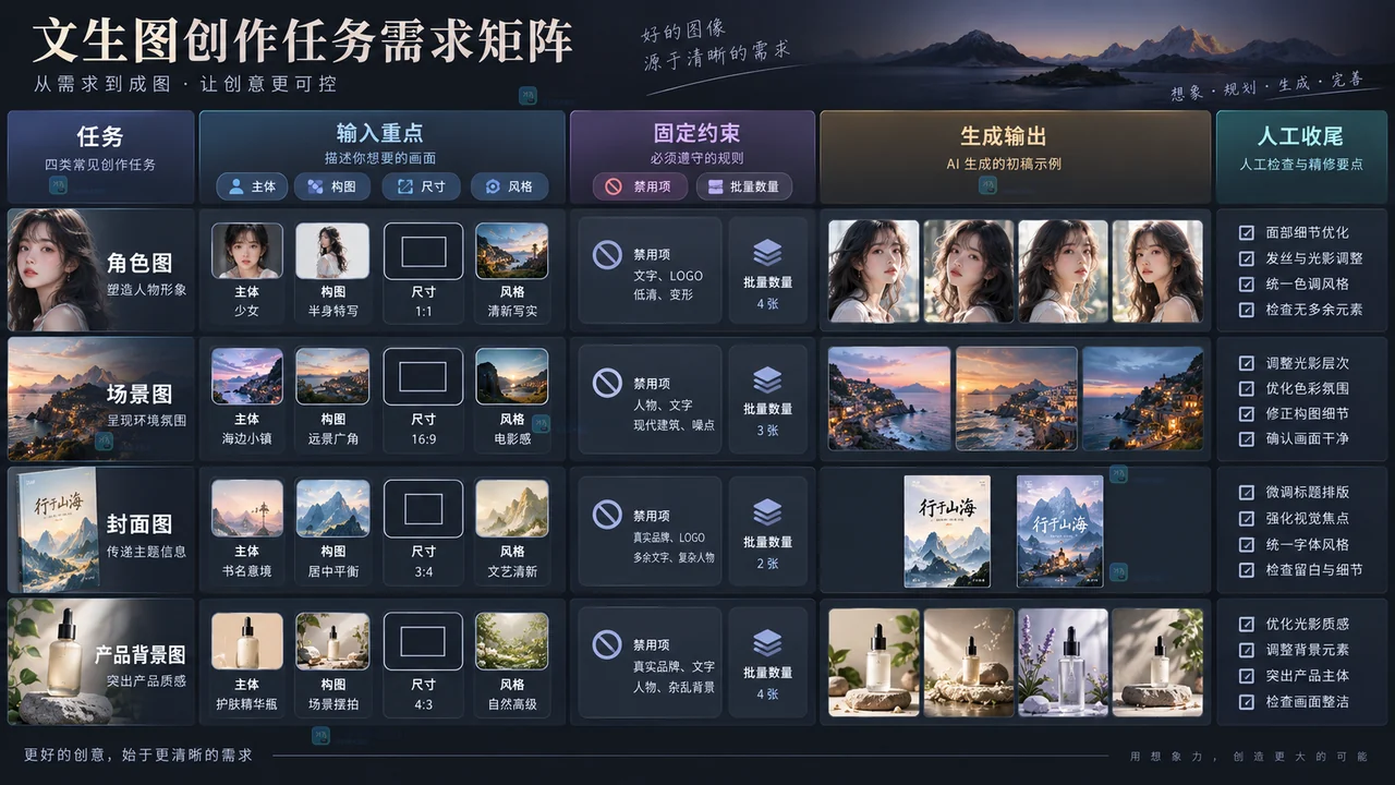 角色、场景、封面和商品背景文生图任务的输入与人工收尾矩阵