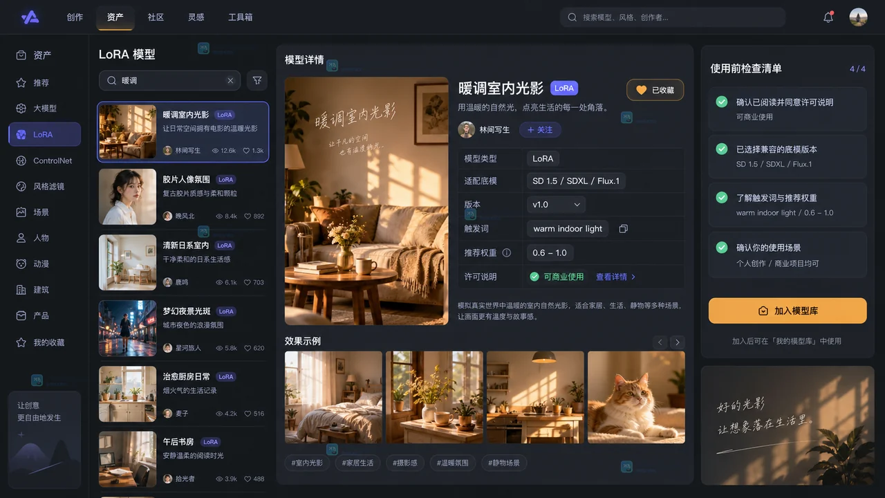LiblibAI怎么加载LoRA模型？从收藏、触发词到权重测试的完整步骤