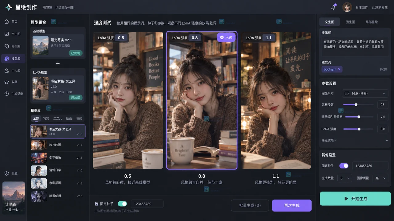 LiblibAI加载LoRA并固定种子进行三档权重测试示意