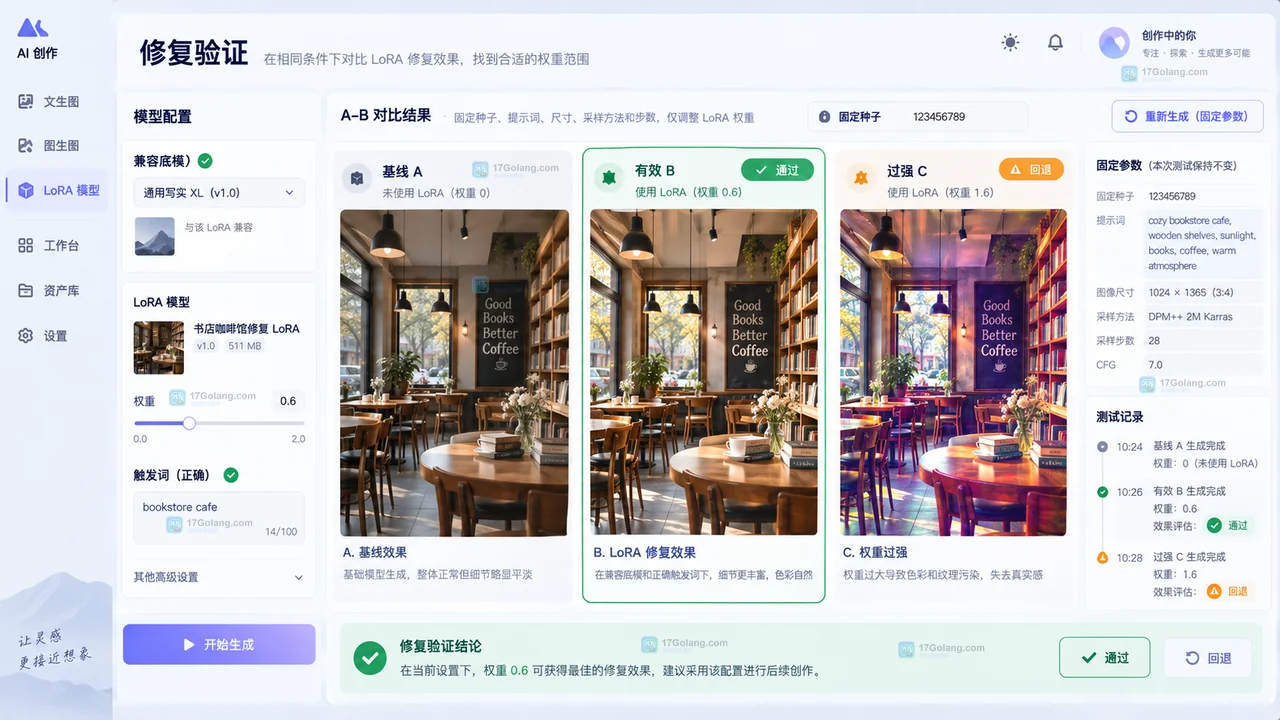 LiblibAI LoRA修复后的基线、有效权重和过强权重对照示意