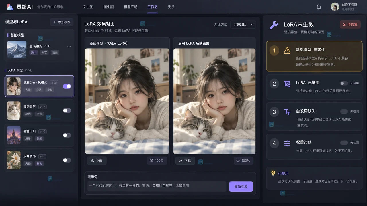 LiblibAI加载LoRA后不生效怎么办？按兼容底模、触发词和权重逐项排查