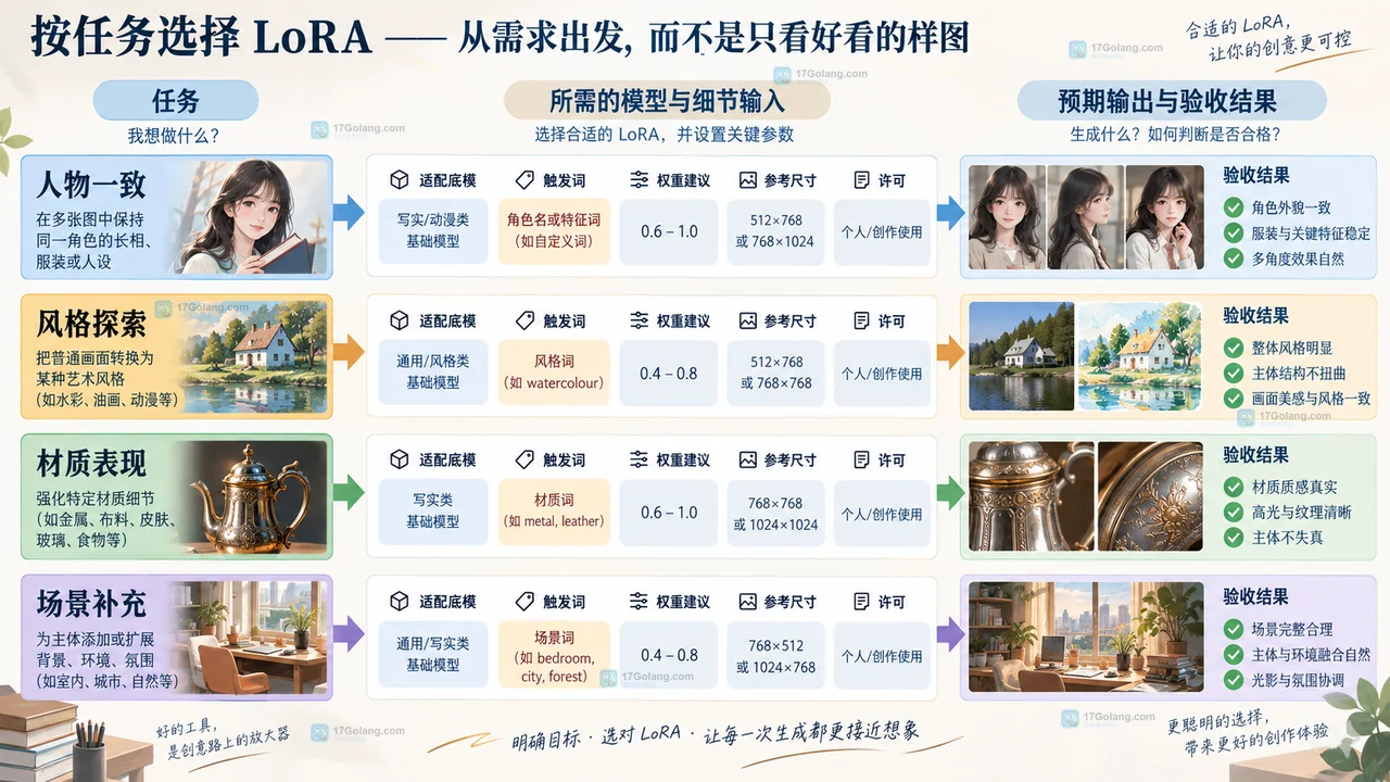 根据任务、输入要求和验收结果选择LiblibAI LoRA的决策矩阵