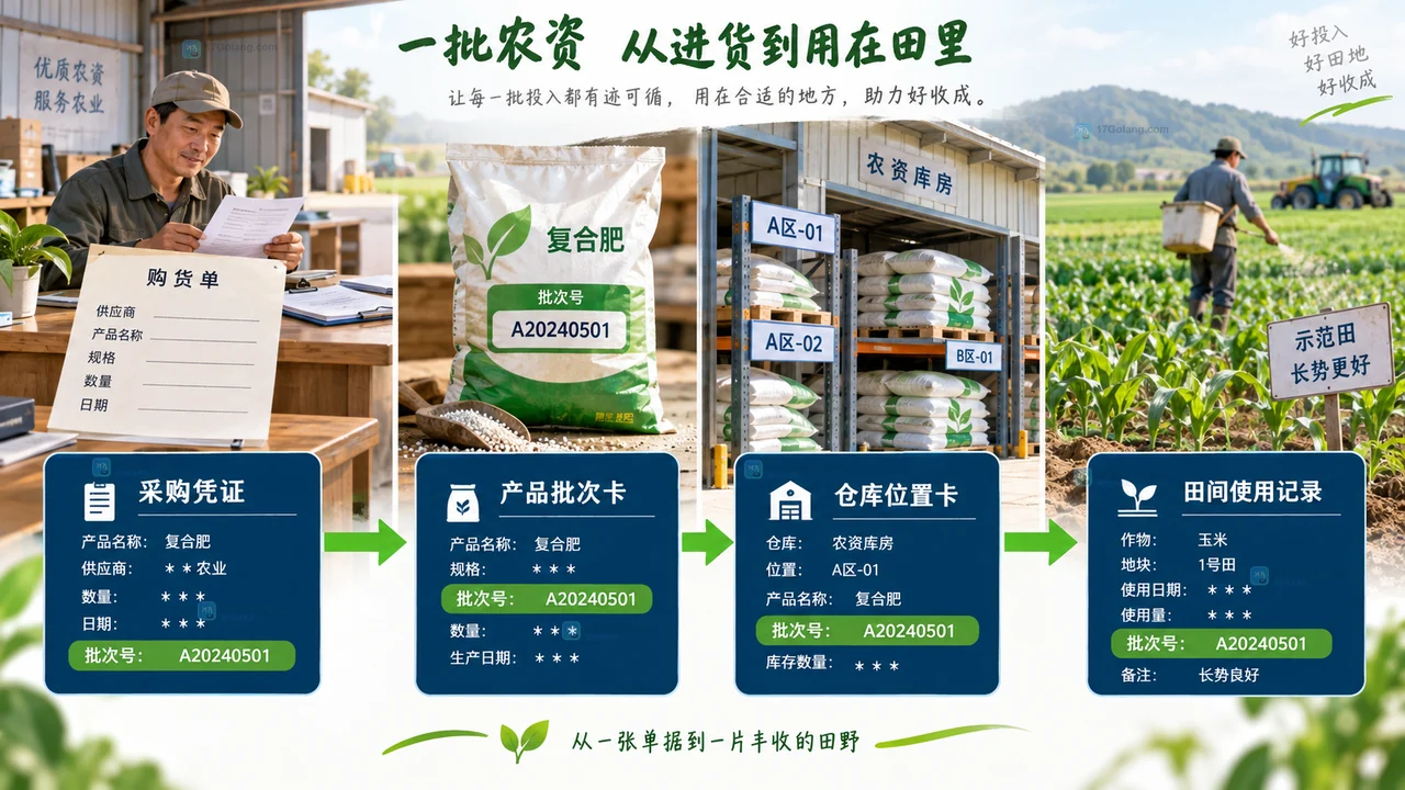 农场仓储收货台核对农资包装标签、合格证明、供应商数量并隔离异常物料的原创场景图