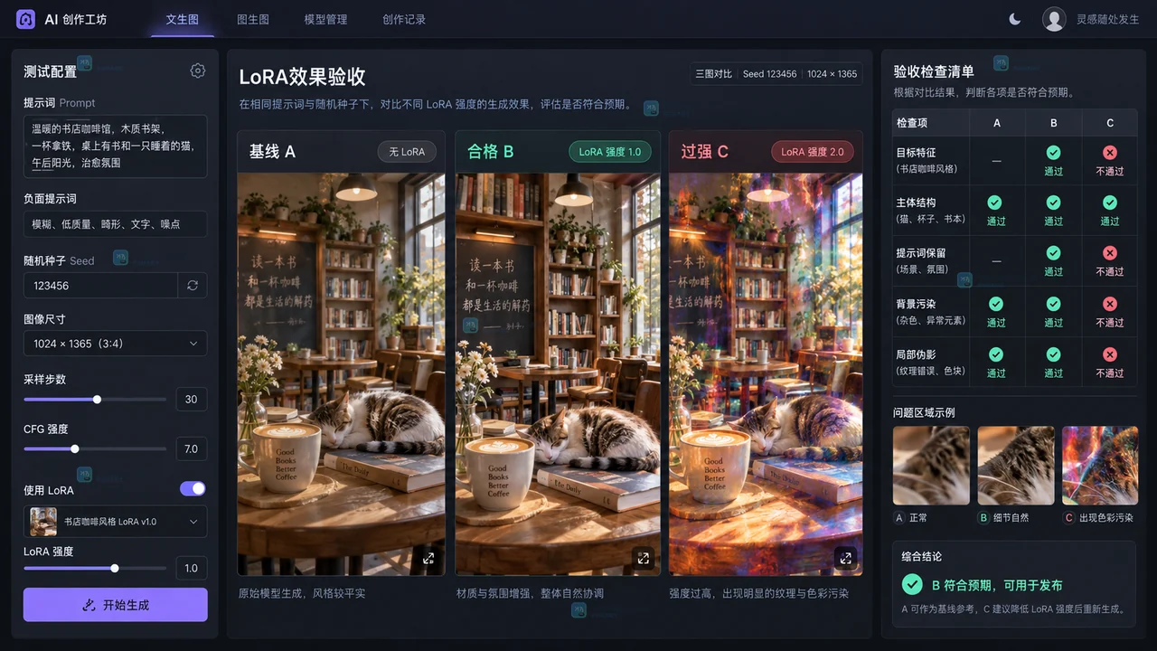 LiblibAI的LoRA效果怎么验收？对照无LoRA基线检查强度、结构与许可