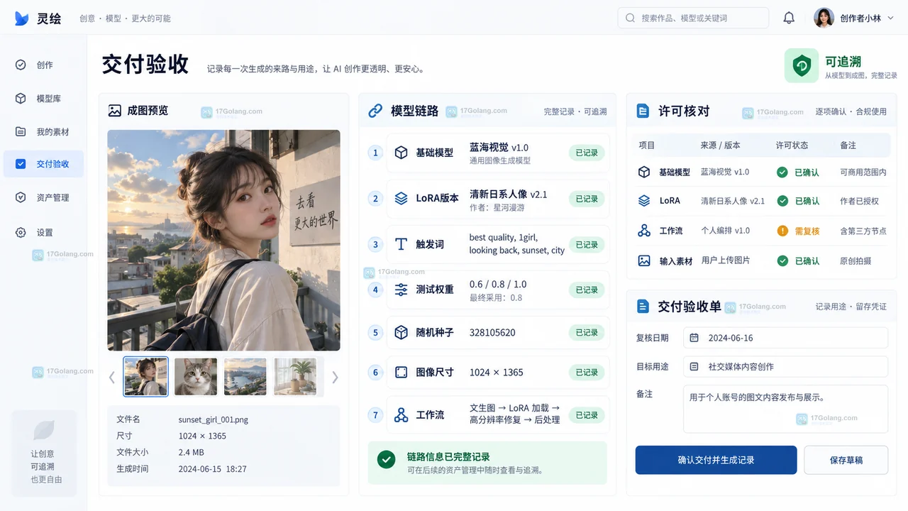 LiblibAI LoRA模型链路、参数与许可可追溯验收界面示意
