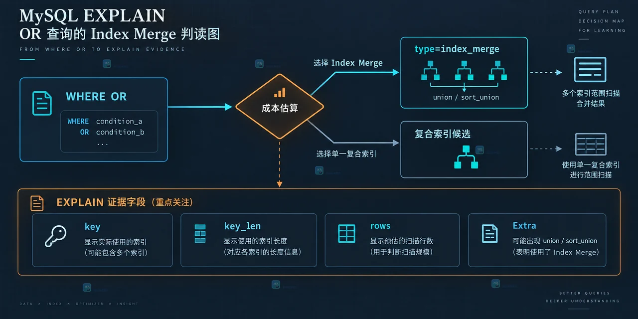 MySQL orders 表中 customer_id 与 status 两个索引分支汇合为 Index Merge union 并回表的静态结构图