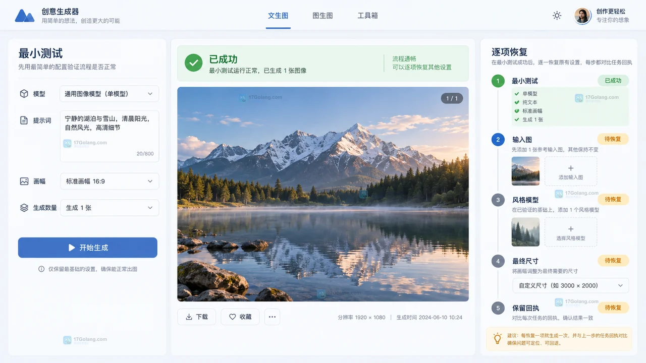 LiblibAI图片生成失败后的单模型纯文本最小恢复测试示意