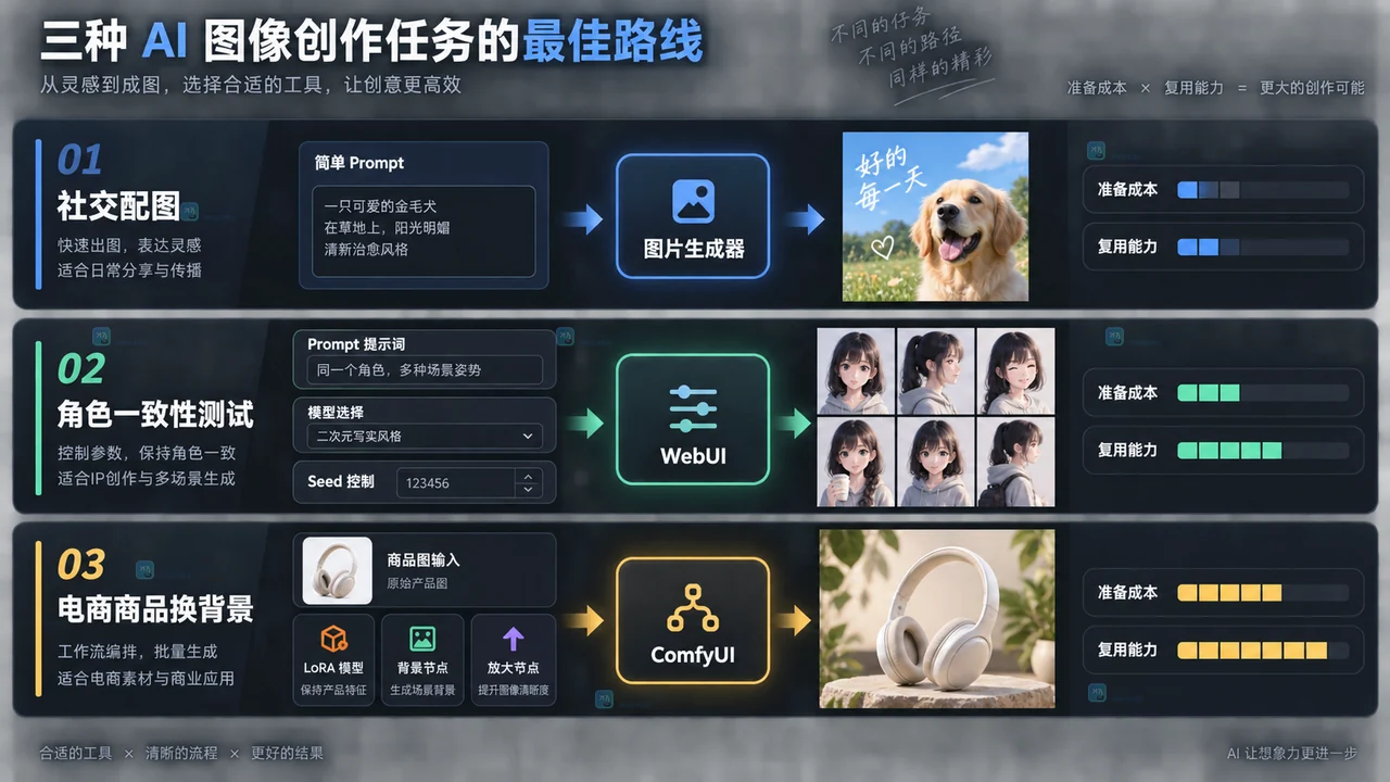 LiblibAI图片生成器、WebUI和ComfyUI按任务复杂度选择的原创示意图