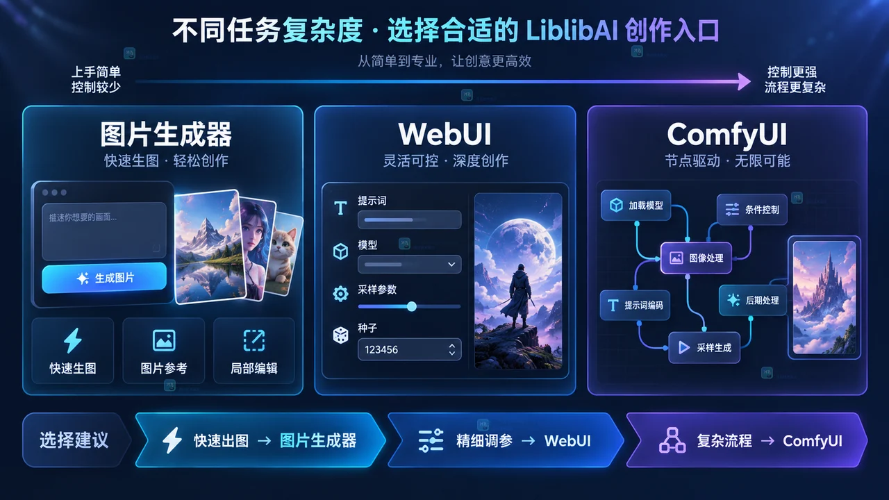 社交配图、角色一致性测试和电商商品换背景对应不同LiblibAI入口的原创路线图