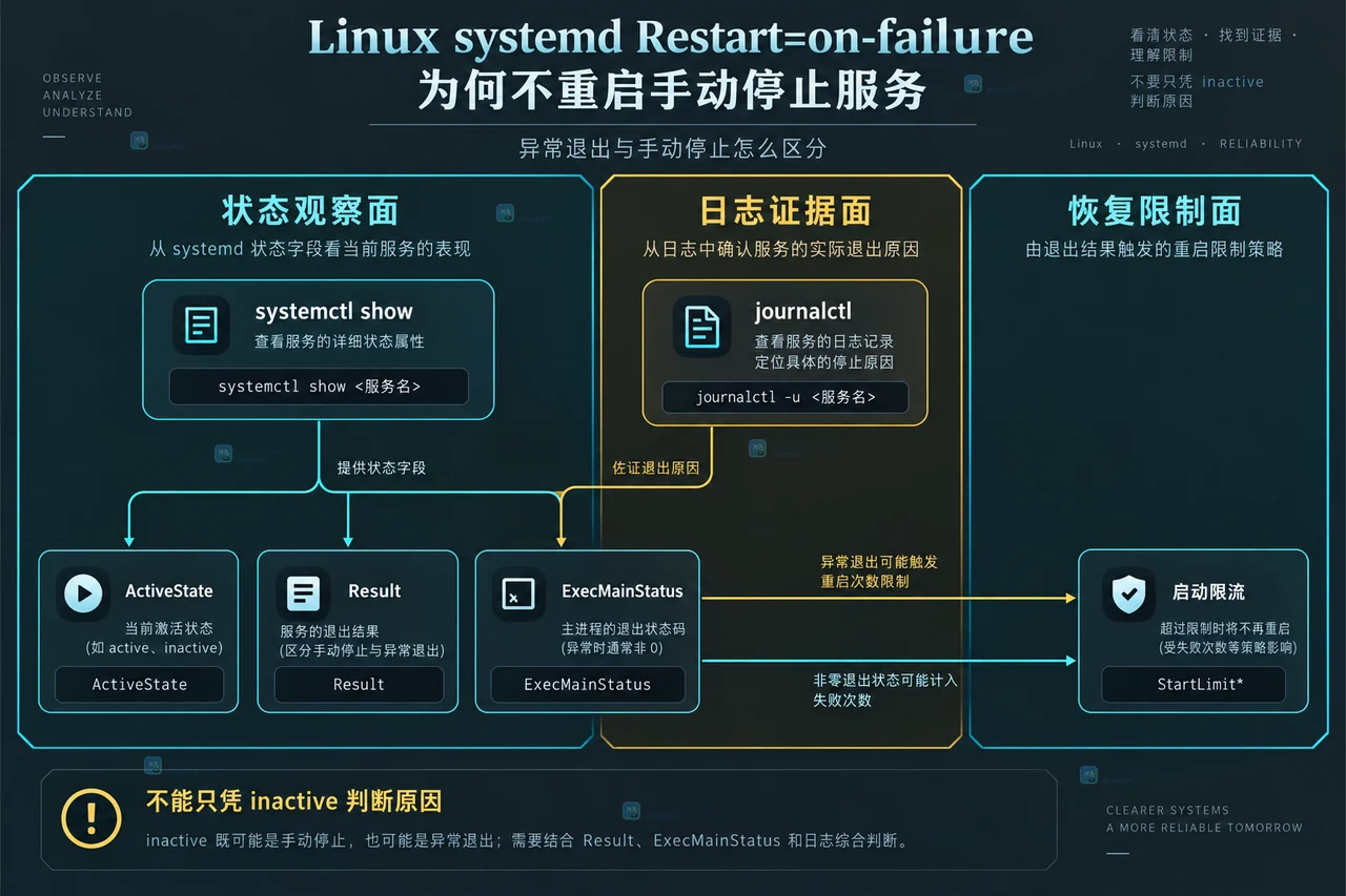 Linux systemd Restart=on-failure 为何不重启手动停止服务