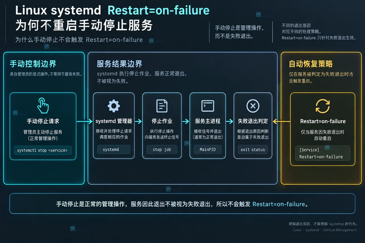 Linux systemd通过Result、ExecMainStatus、ActiveState和journalctl区分手动停止与故障退出的原创关系图