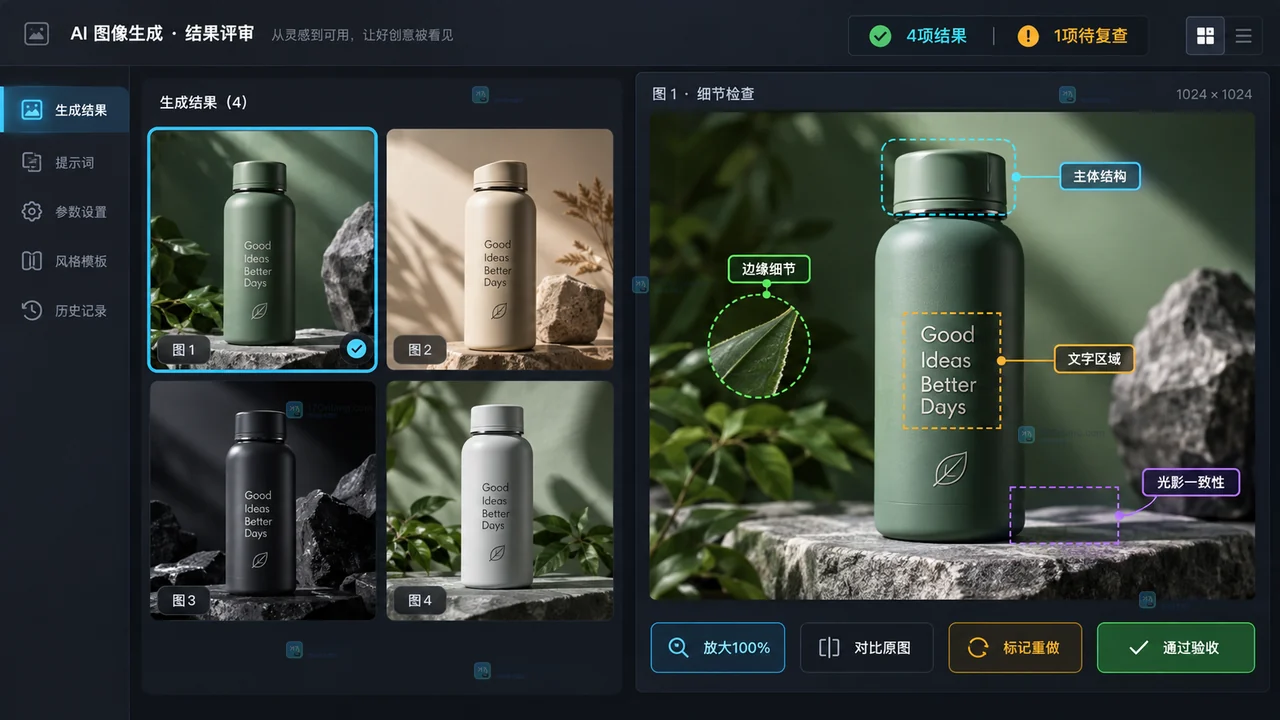 LiblibAI生成结果放大检查主体结构、边缘、文字和光影的原创界面示意