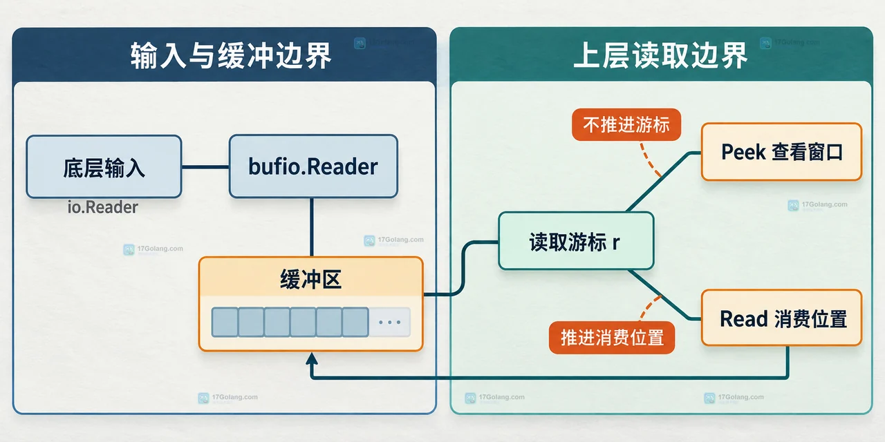 Go bufio.Reader Peek 返回切片、下一次 Read 使切片失效、复制切片与 Discard 消费边界的静态关系图