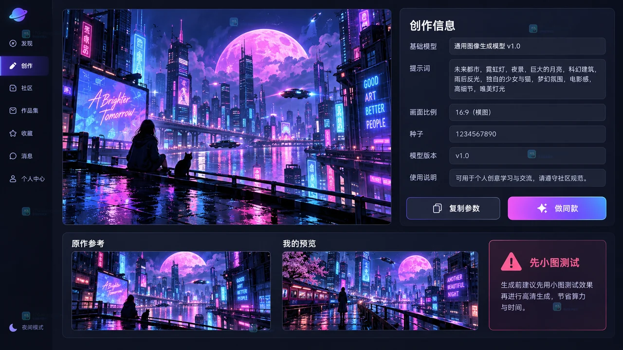 LiblibAI社区作品详情页查看模型参数并做同款小图测试的原创界面示意