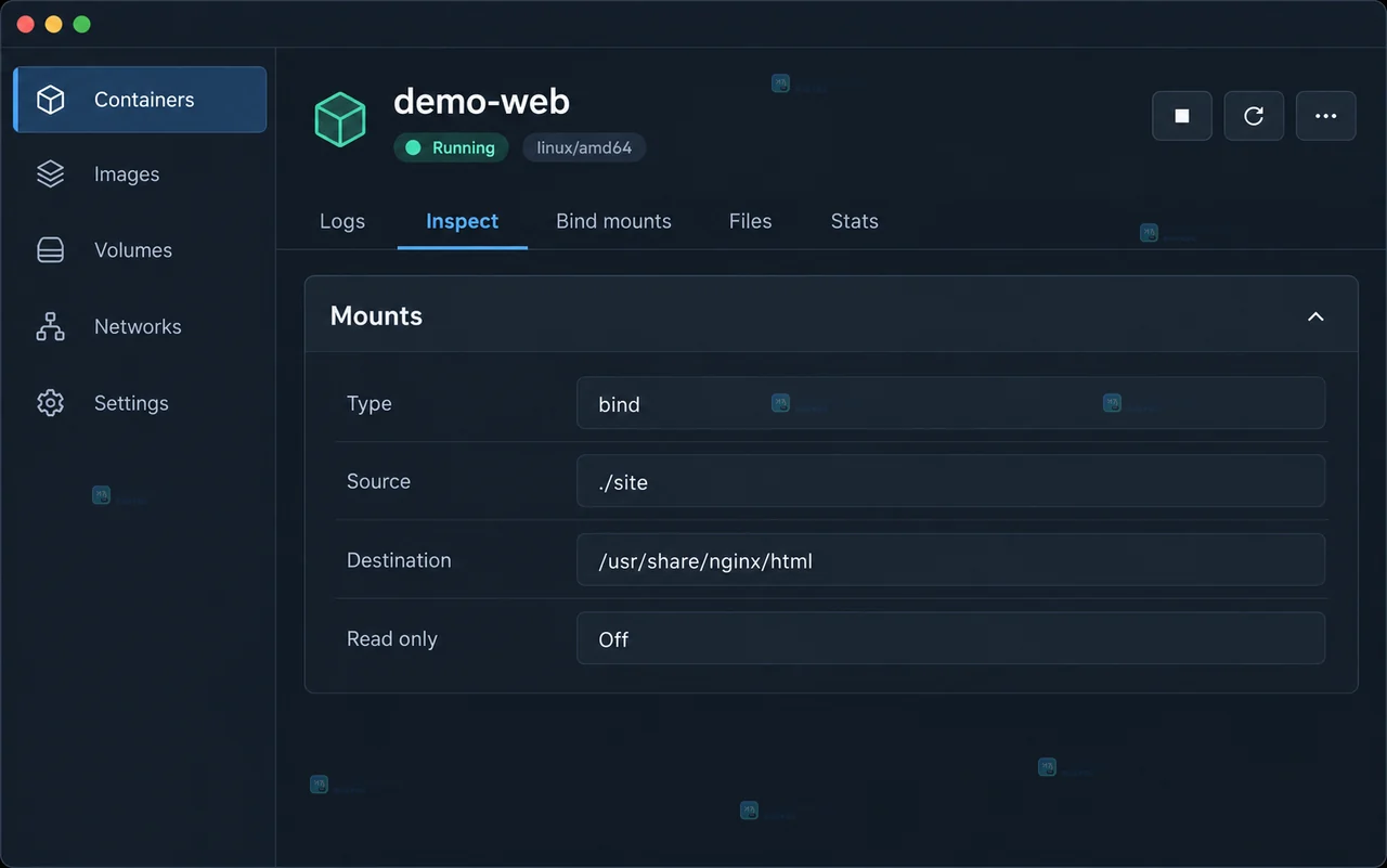 Docker Desktop Volumes 详情展示 app-data 被 demo-web 使用并映射到容器内 Target 路径