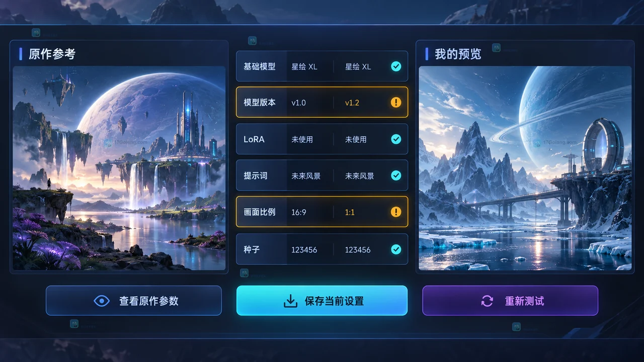 LiblibAI社区做同款时对照原作与自己的模型版本、LoRA、提示词、画幅和种子的原创界面示意