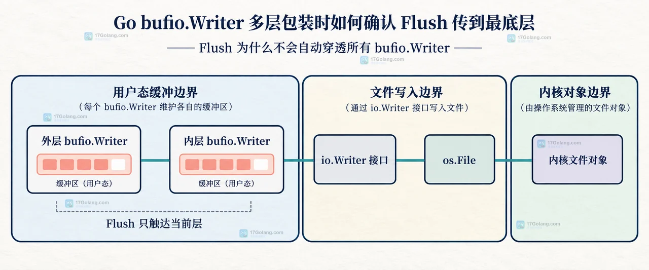 Go Flush 传播观测图:Buffered 观察点、底层 countingWriter、Flush error、os.File Write 与 file.Sync 的边界
